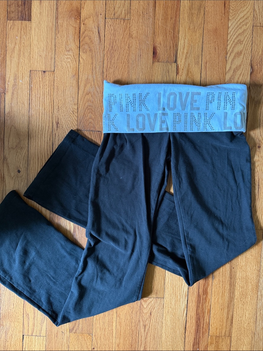 VS PINK Black Leggings with Light Blue Fold-Over Waistband